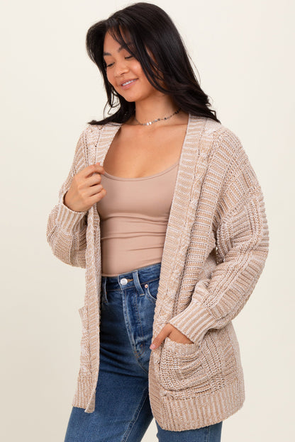 Beige Two Toned Oversized Cable Knit Maternity Cardigan