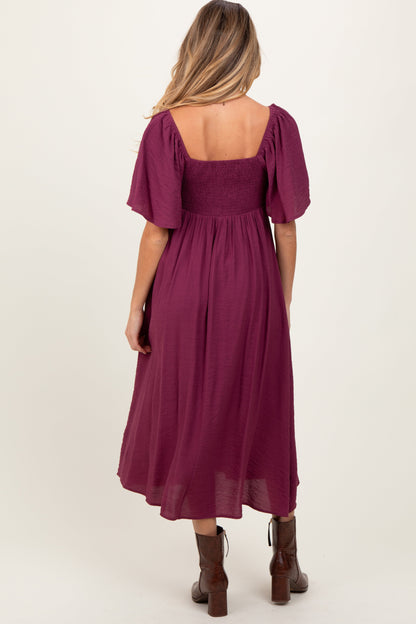 Plum Front Tie Ruffle Sleeve Maternity Midi Dress