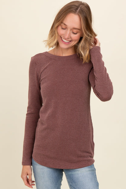 Brown Ribbed Scoop Neck Long Sleeve Maternity Top