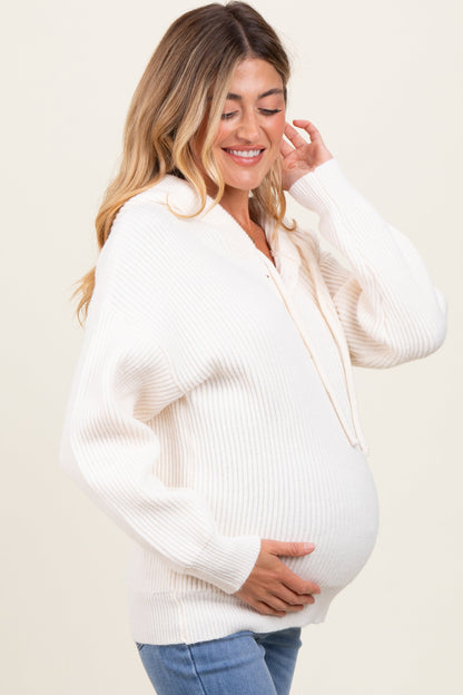 Cream Ribbed Knit Button Front Hooded Maternity Sweater