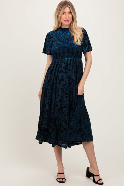 Navy Floral Velvet Print Smocked Maternity Midi Dress