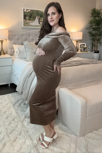 Taupe Shiny Velour Off Shoulder Maternity Midi Dress