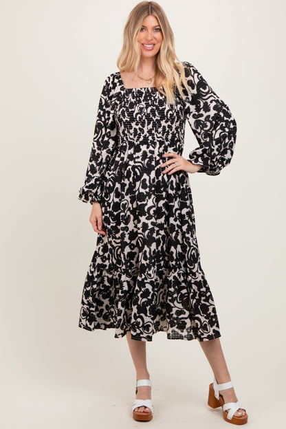 Black Floral Damask Print Smocked Maternity Midi Dress