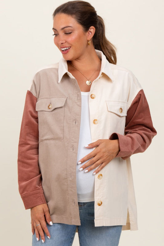 Ivory Corduroy Colorblock Oversized Maternity Shirt Jacket