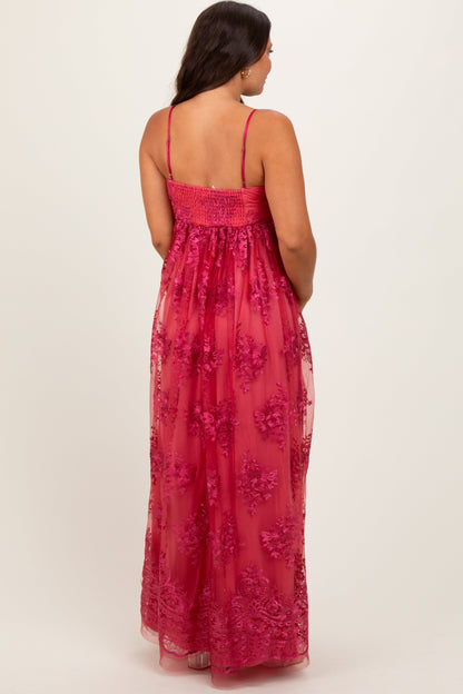 Red Floral Lace Overlay Maternity Maxi Dress
