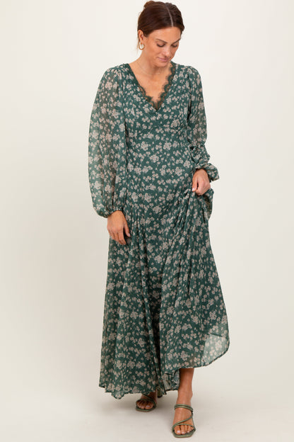 Green Floral Chiffon Lace Trim Back Tie Maternity Maxi Dress