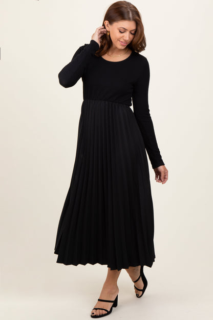 Black Knit Contrast Pleated Skirt Maternity Midi Dress