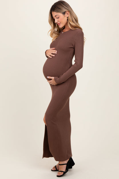 Mocha Ribbed Knit Long Sleeve Side Slit Maternity Maxi Dress
