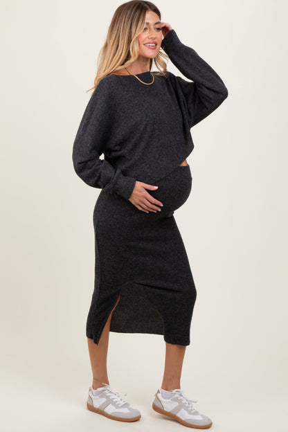 Charcoal Ribbed Knit Asymmetric Top Midi Skirt Maternity Set