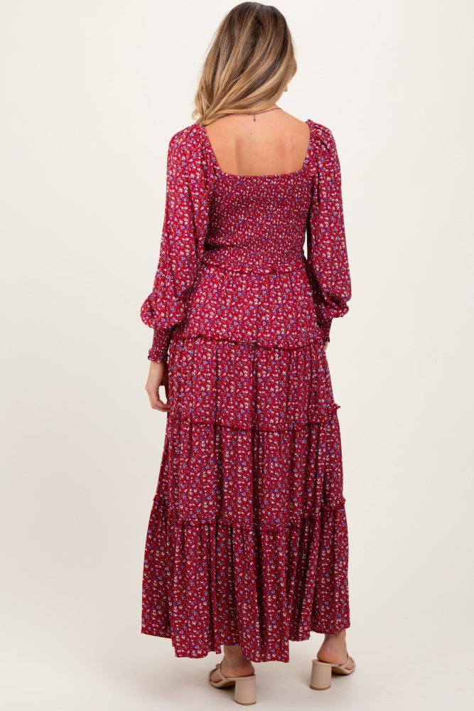 Burgundy Floral Button Accent Bodice Tiered Maternity Maxi Dress