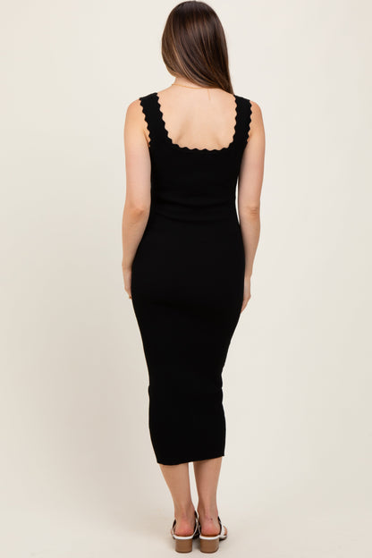 Black Scallop Trim Ribbed Knit Sleeveless Maternity Midi Dress