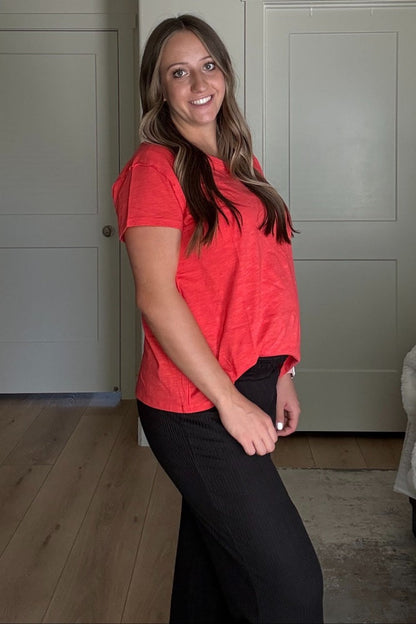 Black Ribbed Smocked Waistband Wide Leg Maternity Pants