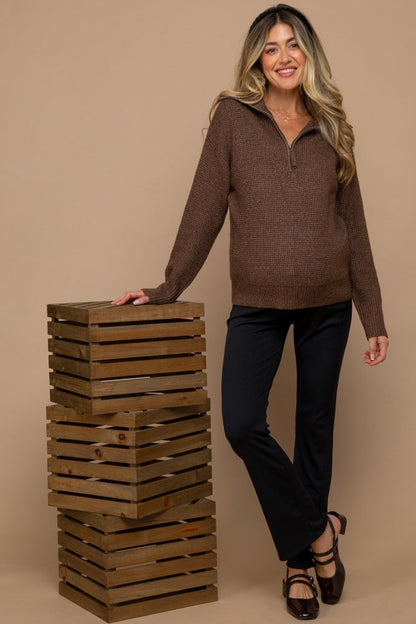 Brown Half Zip Maternity Pullover Sweater