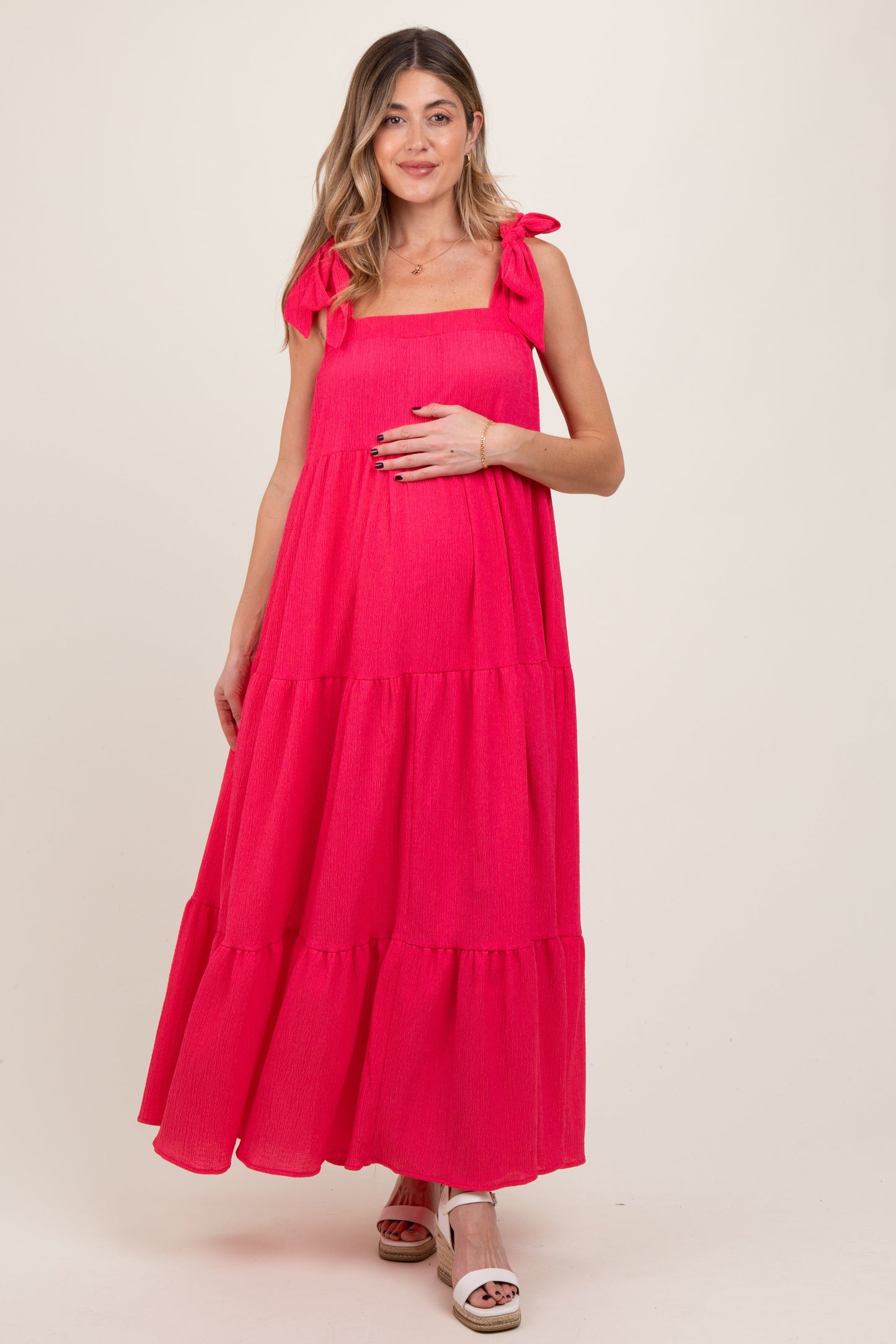 Red Shoulder Tie Tiered Maternity Maxi Dress