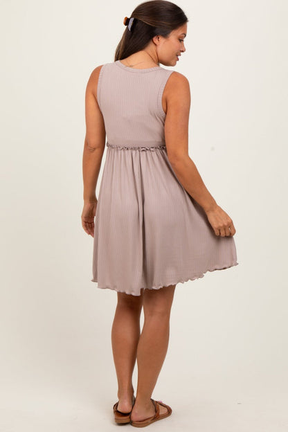Taupe Ribbed Sleeveless Lettuce Trim Maternity Mini Dress