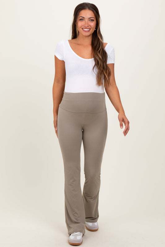 Light Olive Fold Over Waistband Maternity Flared Pants