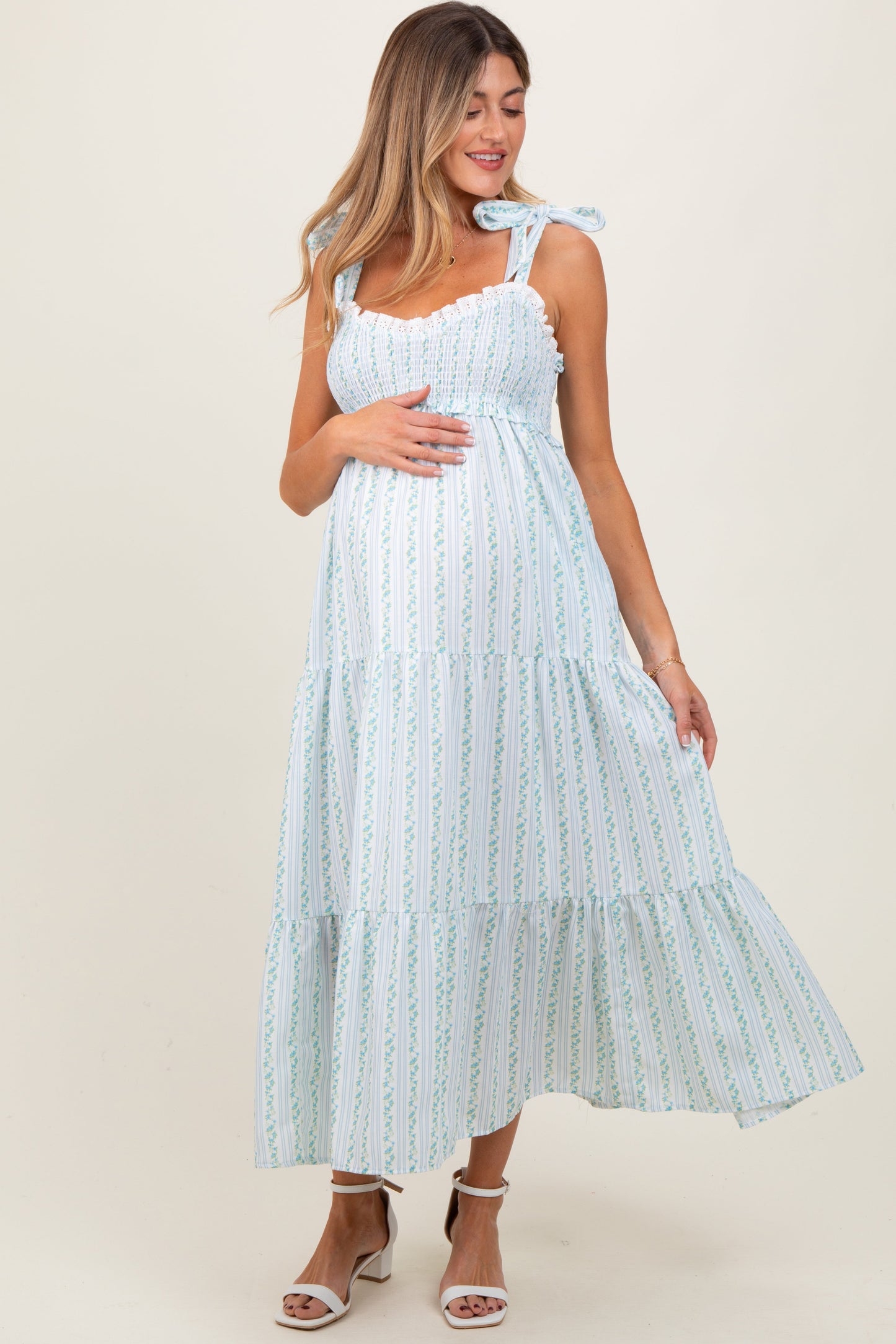 Blue Floral Striped Smocked Shoulder Tie Maternity Maxi Dress