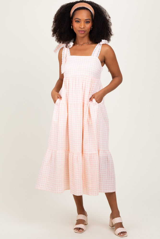 Light Pink Gingham Lace Trim Shoulder Tie Maternity Maxi Dress