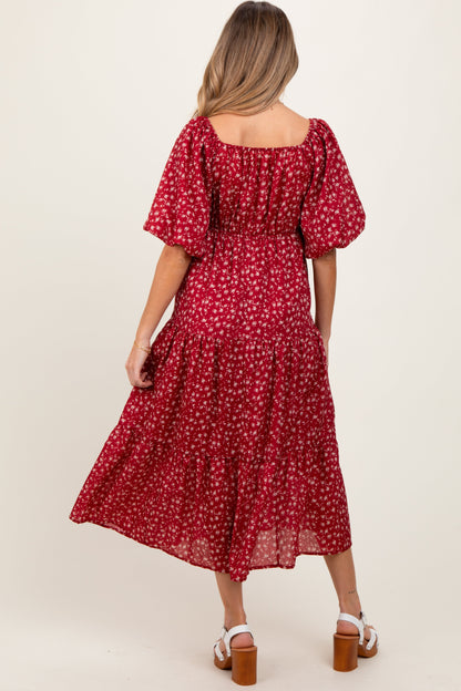 Red Floral Puff Sleeve Tiered Maternity Maxi Dress