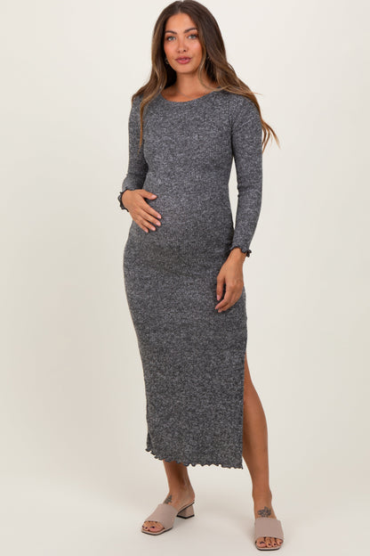 Charcoal Knit Side Slit Lettuce Trim Maternity Maxi Dress