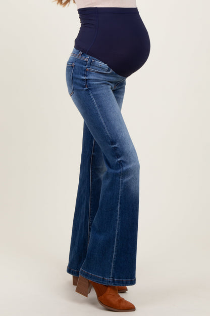 Navy Blue Washed Maternity Flare Jeans