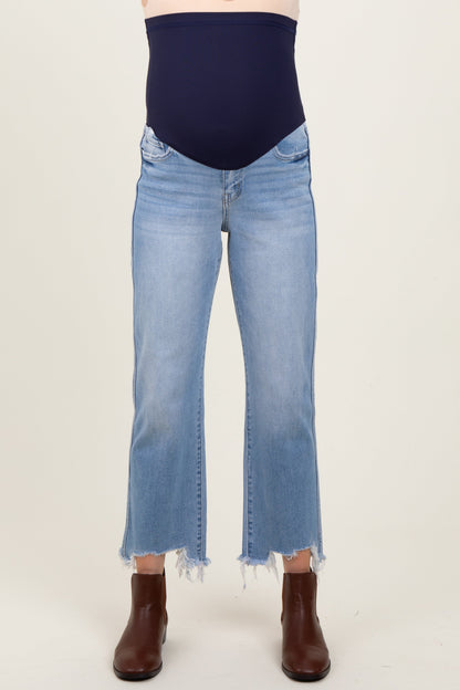 Light Blue Distressed Hem Cropped Straight Leg Jeans
