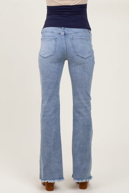 Light Blue Distressed Fringe Hem Flare Leg Maternity Jeans