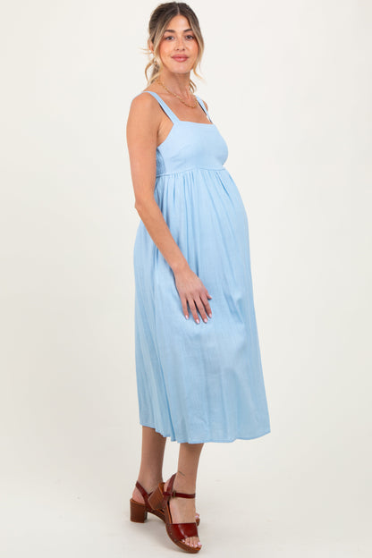 Blue Linen Blend Square Neck Maternity Midi Dress