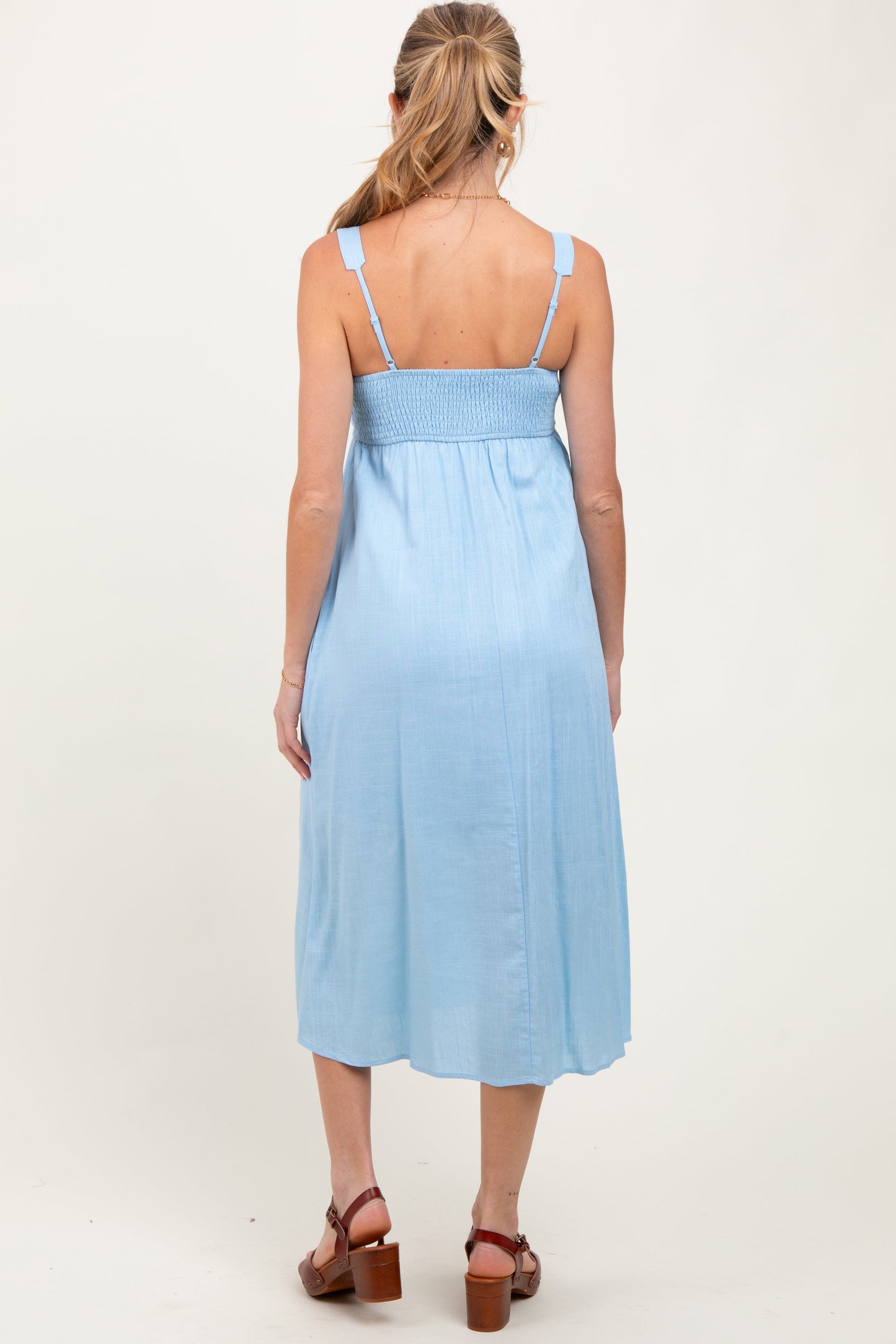 Blue Linen Blend Square Neck Maternity Midi Dress