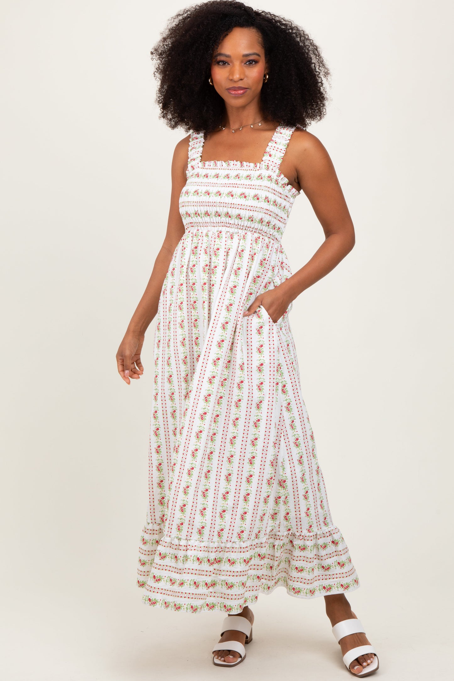 Red Floral Smocked Sleeveless Maternity Maxi Dress