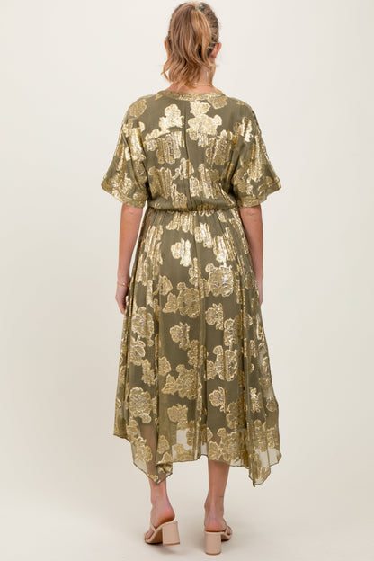 Olive Metallic Floral Jacquard Overlay Maternity Maxi Dress