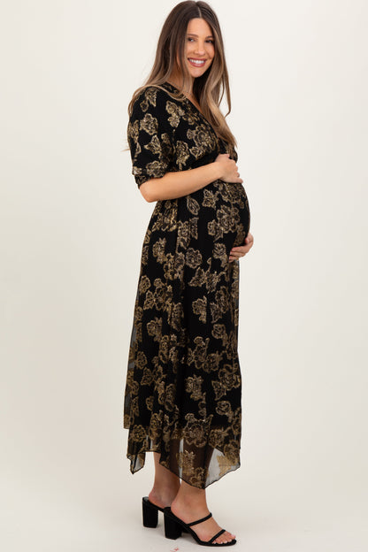 Black Metallic Floral Jacquard Overlay Maternity Maxi Dress