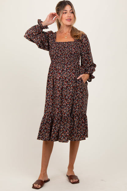 Black Floral Smocked Velvet Back Tie Maternity Midi Dress
