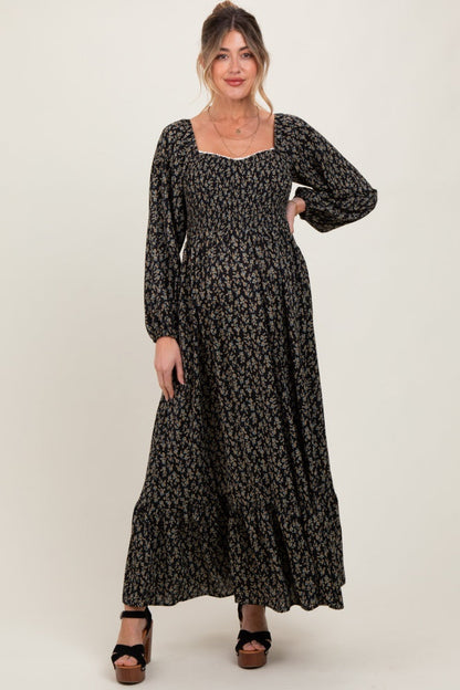 Black Floral Smocked Lace Trim Sweetheart Maternity Maxi Dress
