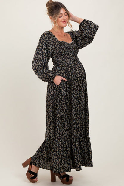 Black Floral Smocked Lace Trim Sweetheart Maternity Maxi Dress