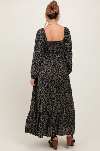 Black Floral Smocked Lace Trim Sweetheart Maternity Maxi Dress