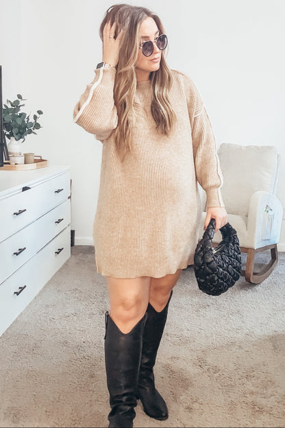 Beige Turtleneck Colorblock Contrast Trim Maternity Sweater Dress