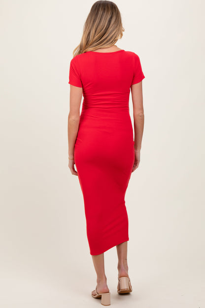 Red Ruched Bust Short Sleeve Maternity Maxi Dress