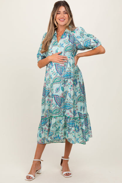 Aqua Paisley Collared Ruffle Hem Maternity Midi Dress