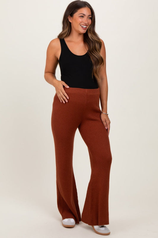Rust Ribbed Knit Maternity Flare Pants