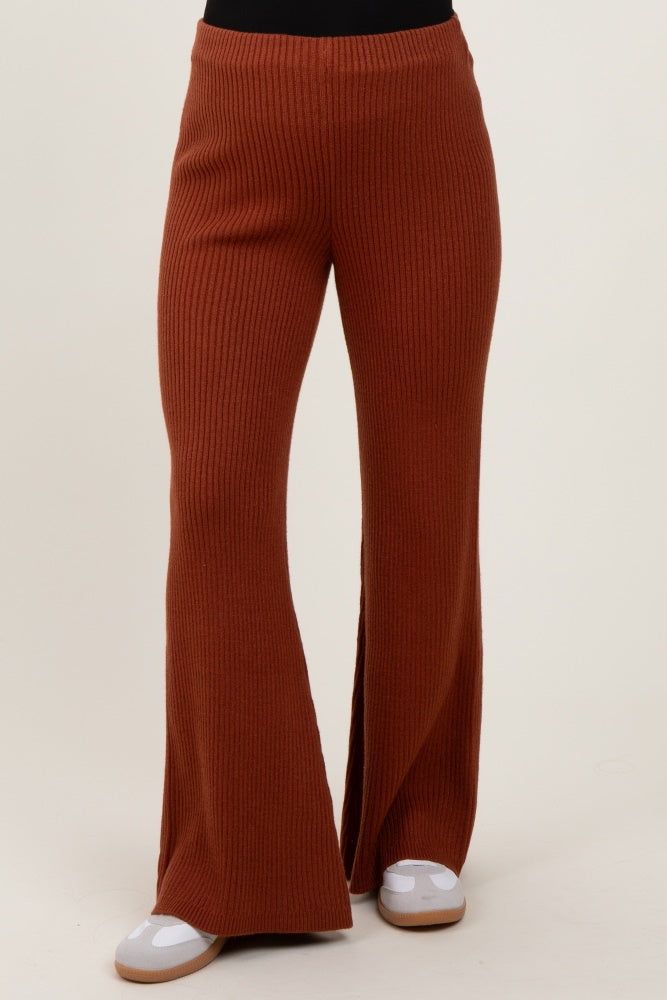 Rust Ribbed Knit Maternity Flare Pants