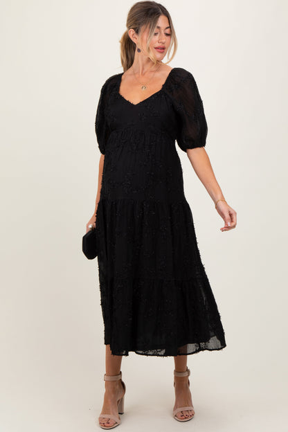 Black Embroidered Floral Overlay Maternity Midi Dress