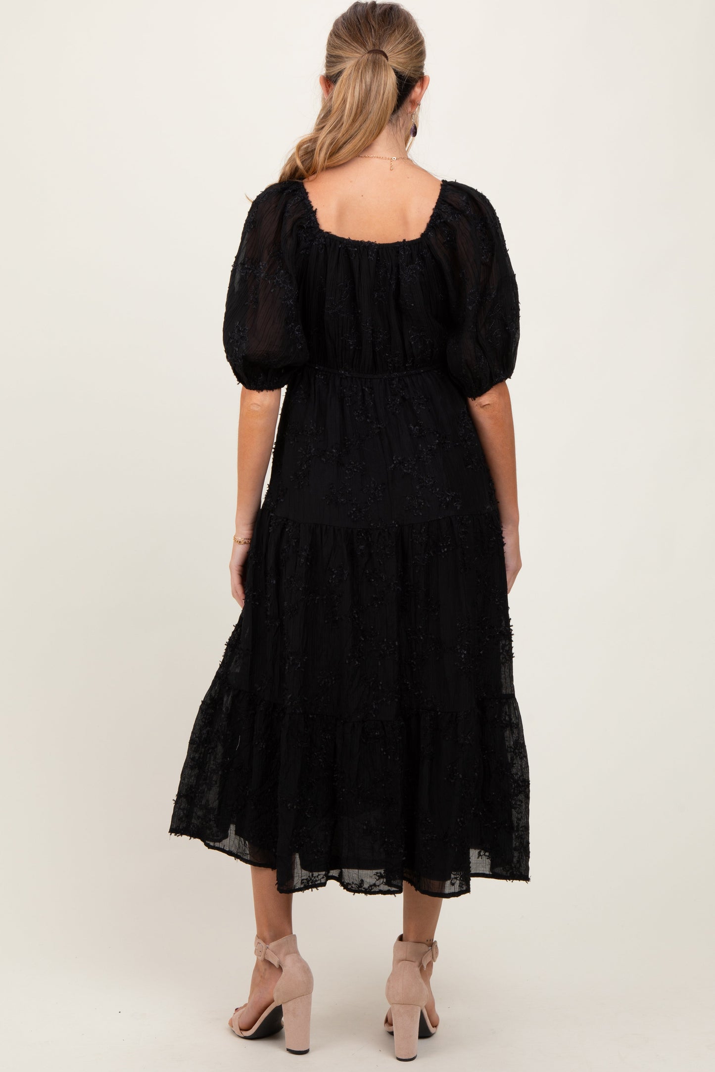 Black Embroidered Floral Overlay Maternity Midi Dress