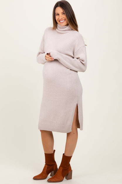 Beige Turtleneck Side Slit Maternity Midi Sweater Dress