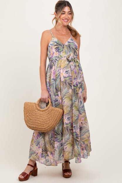 Lavender Tropical Floral Sash Tie Maternity Maxi Dress