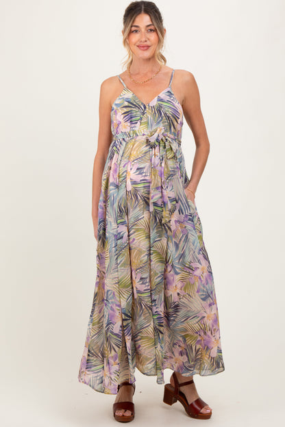 Lavender Tropical Floral Sash Tie Maternity Maxi Dress