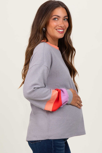 Heather Grey Waffle Knit Colorblock Long Sleeve Maternity Top
