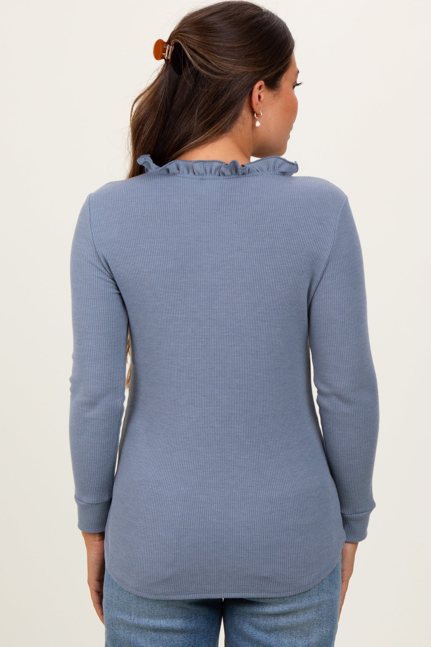 Blue Ruffle Collar Micro Waffle Knit Maternity Henley Top