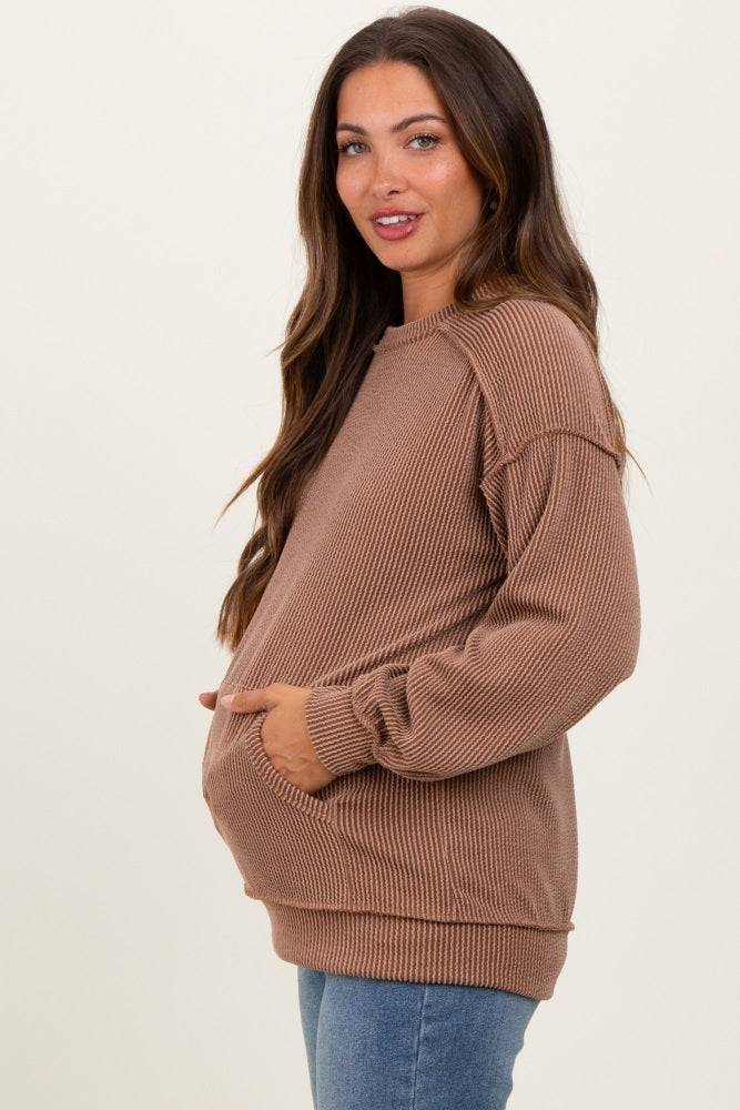 Mocha Ribbed Knit Front Pocket Maternity Pullover