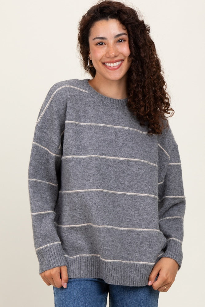 Heather Grey Striped Drop Shoulder Maternity Sweater
